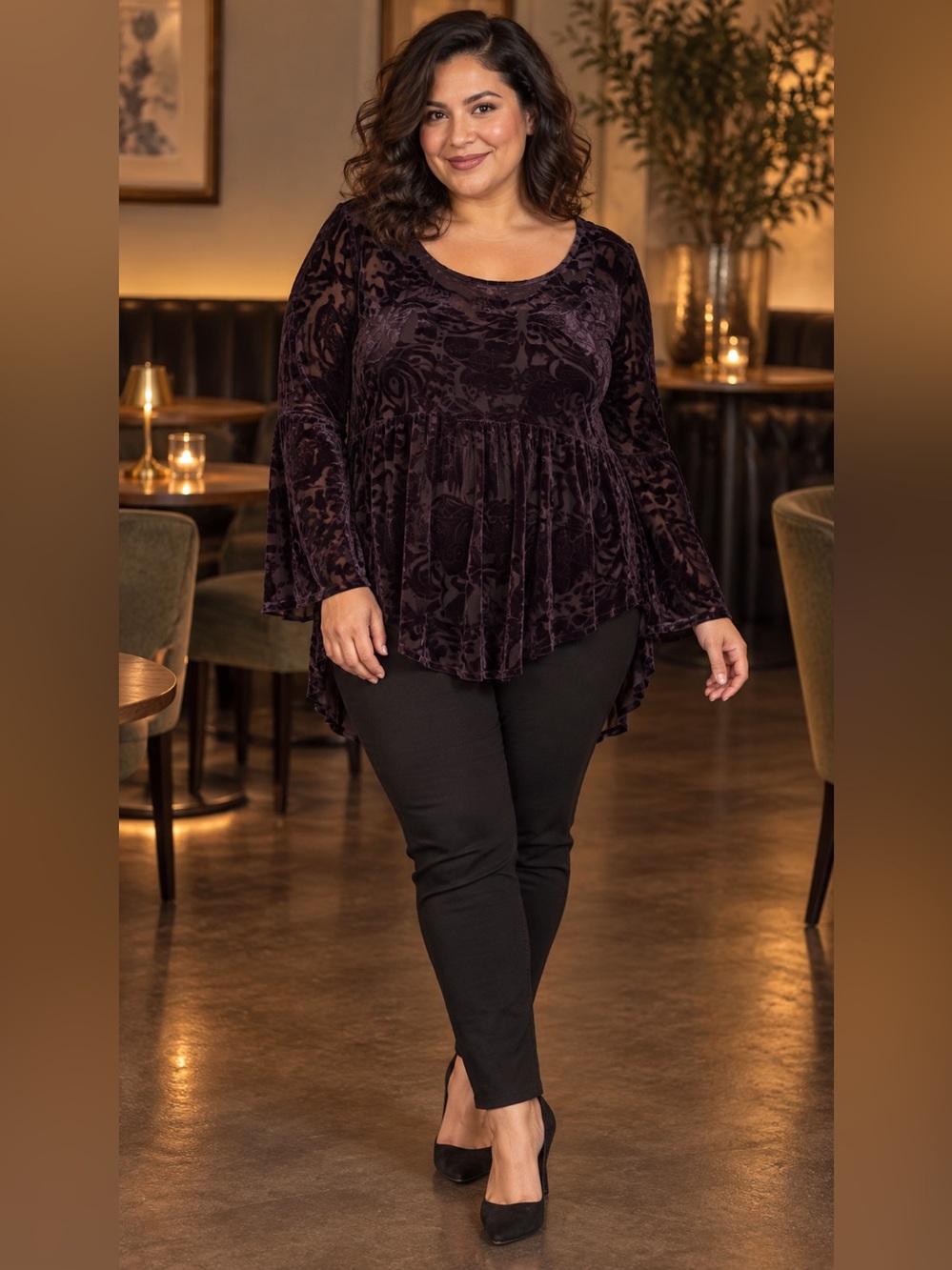 ULTRA PINK VELVET BURNOUT TUNIC TOP XL PLUM WHIMSIGOTH BELL SLEEVE